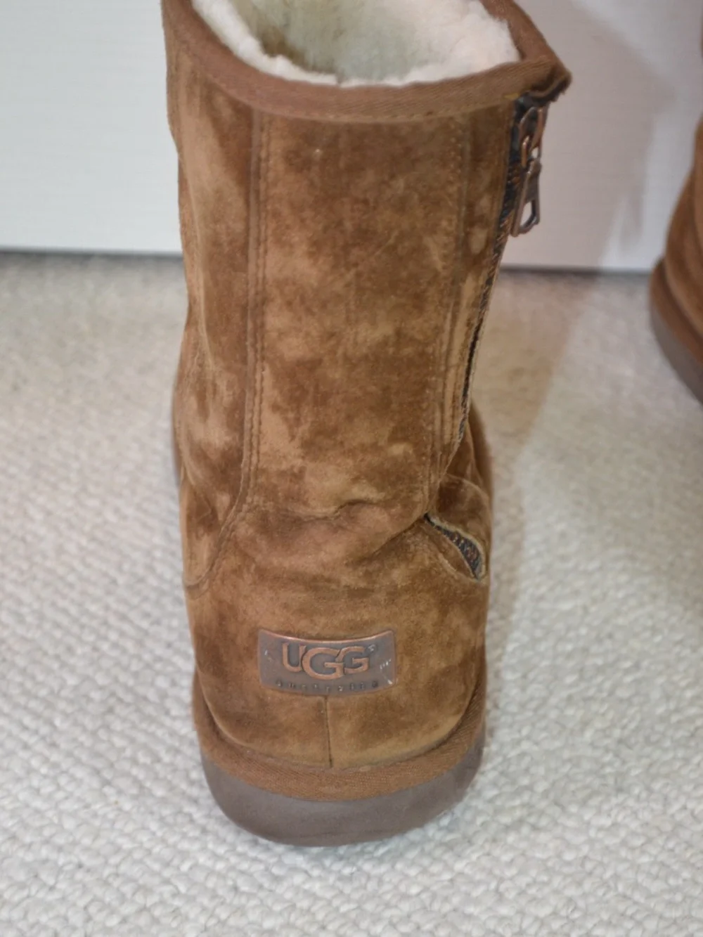 UGG “Mayfaire” Chestnut Suede Shearling Lined Short Boots with Zipper
